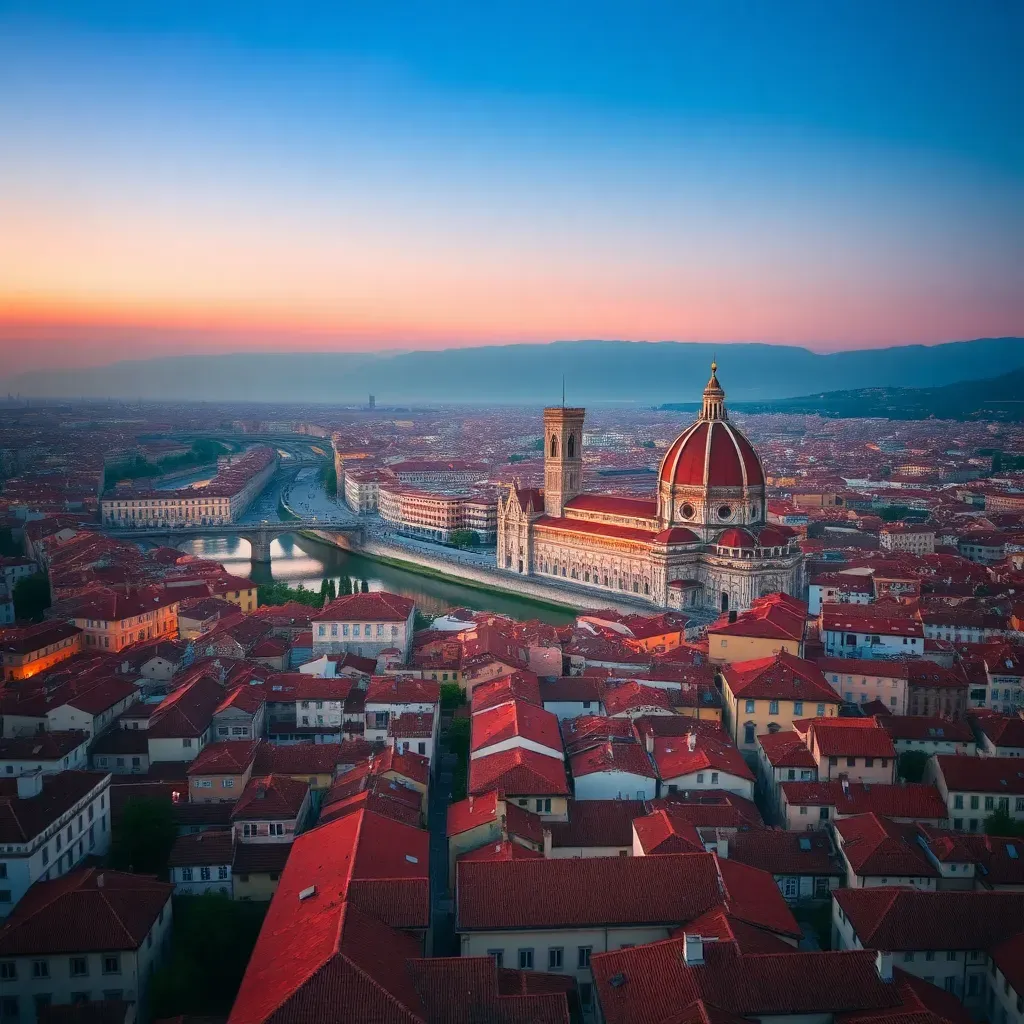Filming in Florence with Duomo and Ponte Vecchio view